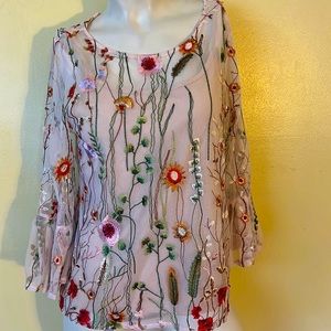 Cynthia Rowley Sheer Mesh Embroidered Floral Blouse